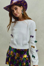 SO ME Mardi Gras Glitter Bow Ribbon Sweater Knit Top