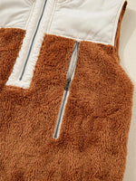 Color Block Plush Patchwork Zipper Stand Neck Vest Coat