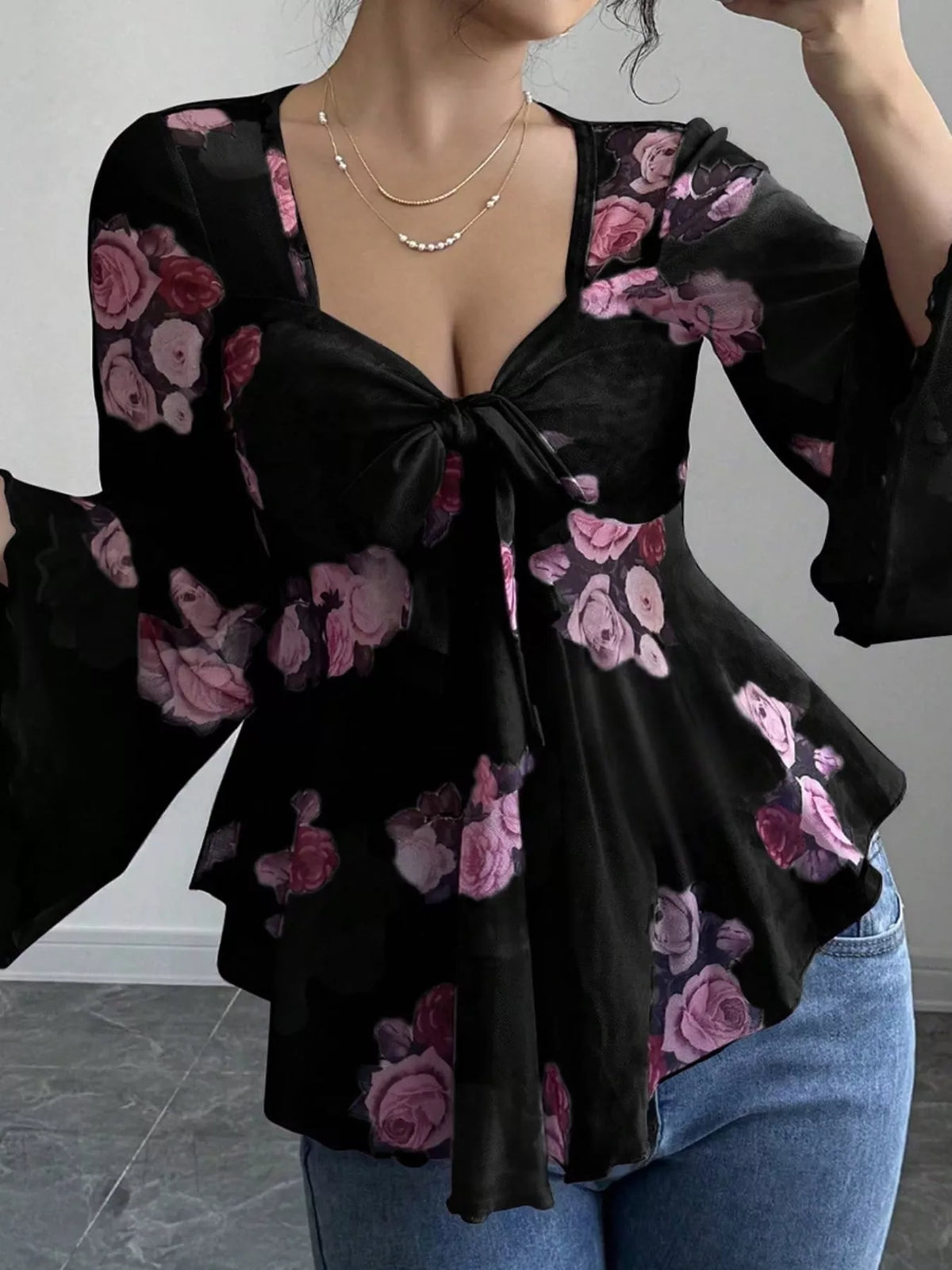 Floral Print Tie Front Flare Sleeve Blouse