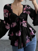 Floral Print Tie Front Flare Sleeve Blouse
