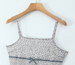 Spring Women French Leopard Bow Mesh Square Collar Suspenders Short Dress