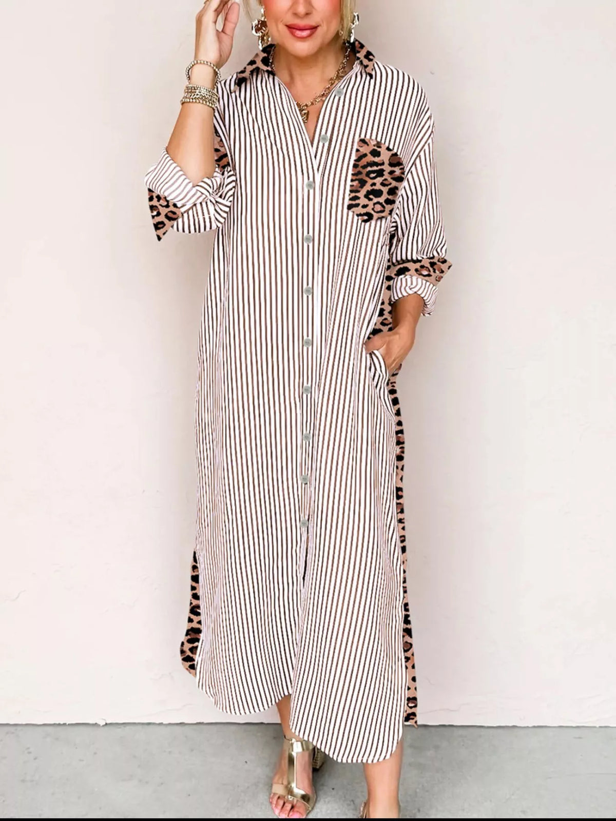 Striped Leopard Print Button Up Shirt Dress