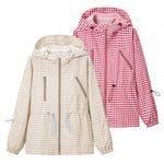 Women Everyday Lace up Waist Controlled Slimming Hooded Plaid Coat