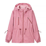 Women Everyday Lace up Waist Controlled Slimming Hooded Plaid Coat