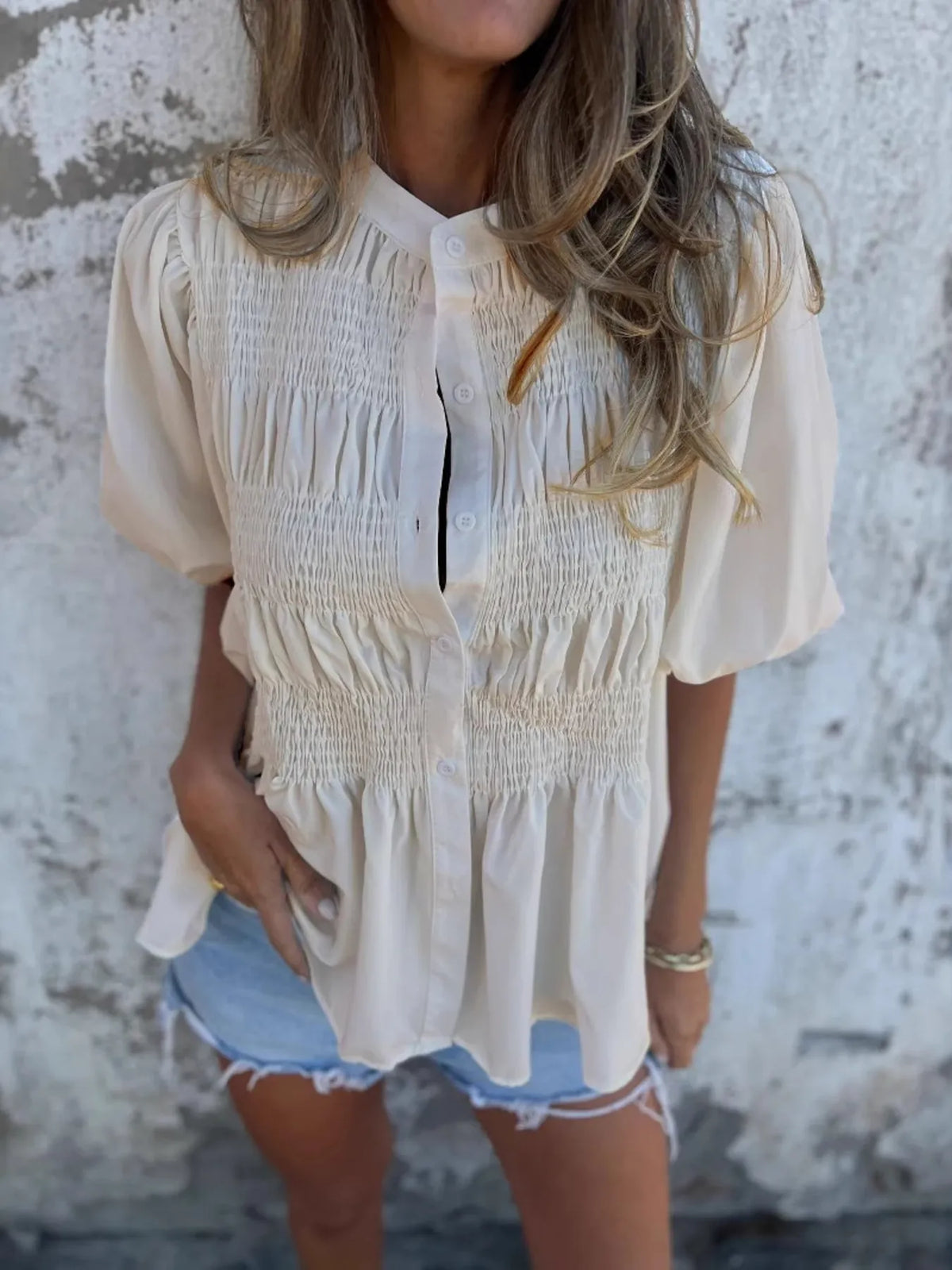 Full Size Smocked Button Front Puff Sleeve Shirt Plus Size