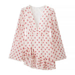 Printed Long Sleeve Design Deep V Plunge neck Waist Controlled Slimming Short Dress