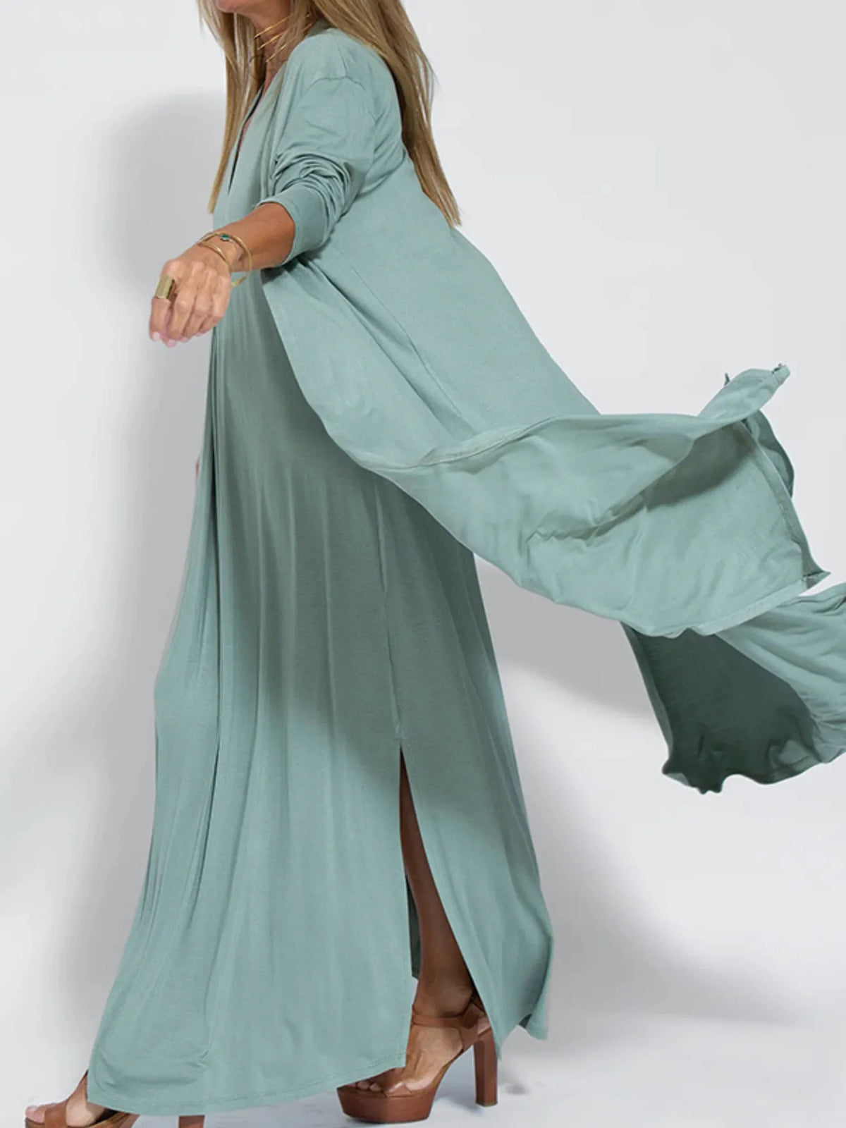 Full Size Open Front Side Slit Longline Cardigan Plus Size