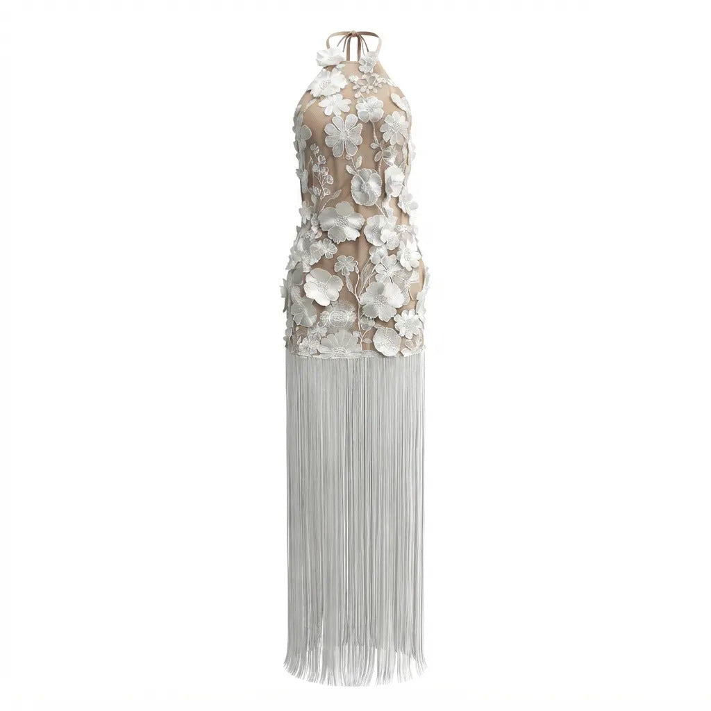 Elegant Embroidered Three Dimensional Floral Mesh Tassel Backless Halter Formal Dress