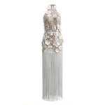 Elegant Embroidered Three Dimensional Floral Mesh Tassel Backless Halter Formal Dress