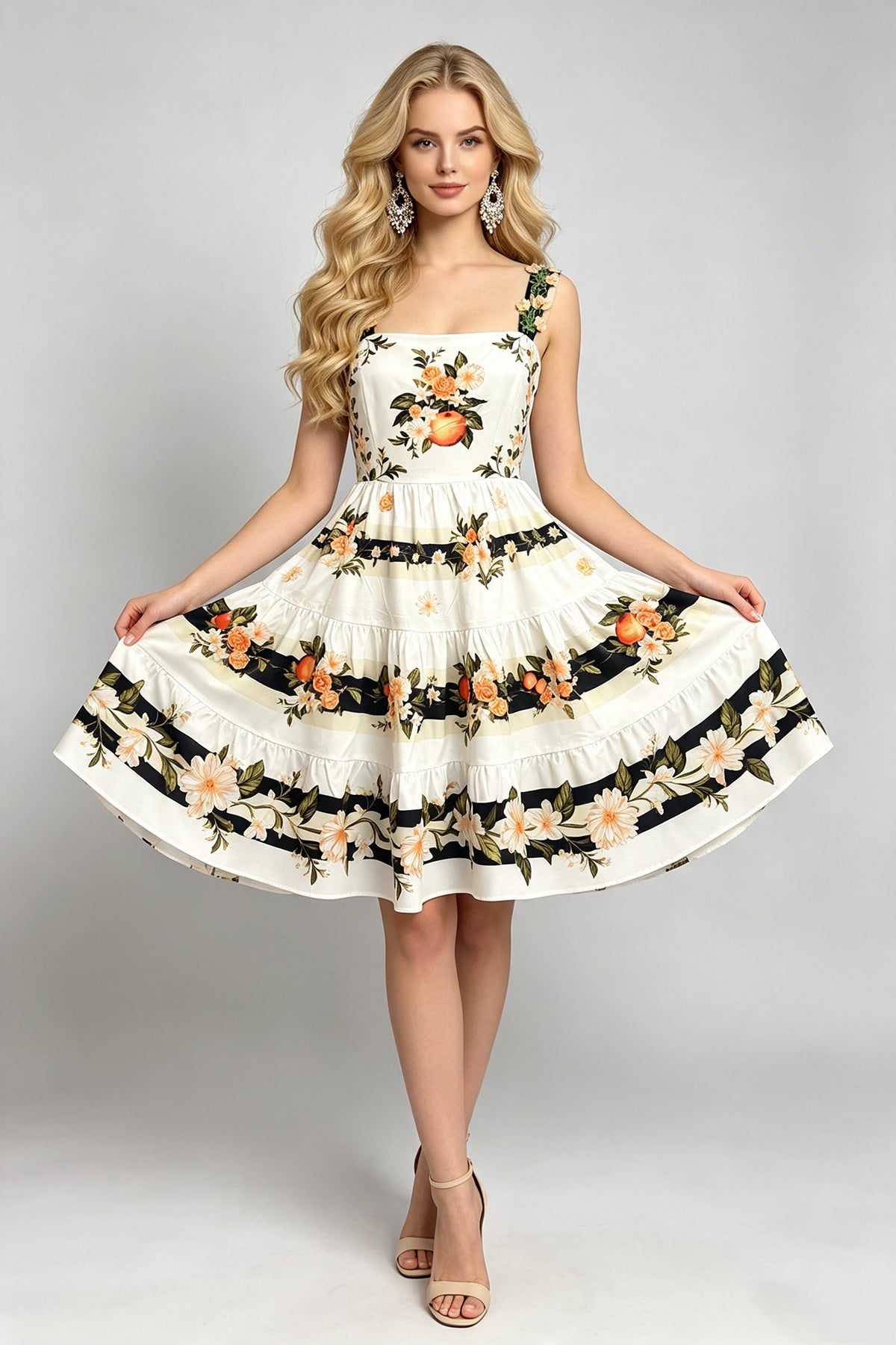 Women Summer Printed Halter Neck Embroidered Flower Dress With High Waisted And Figure Hugging A Line Dress