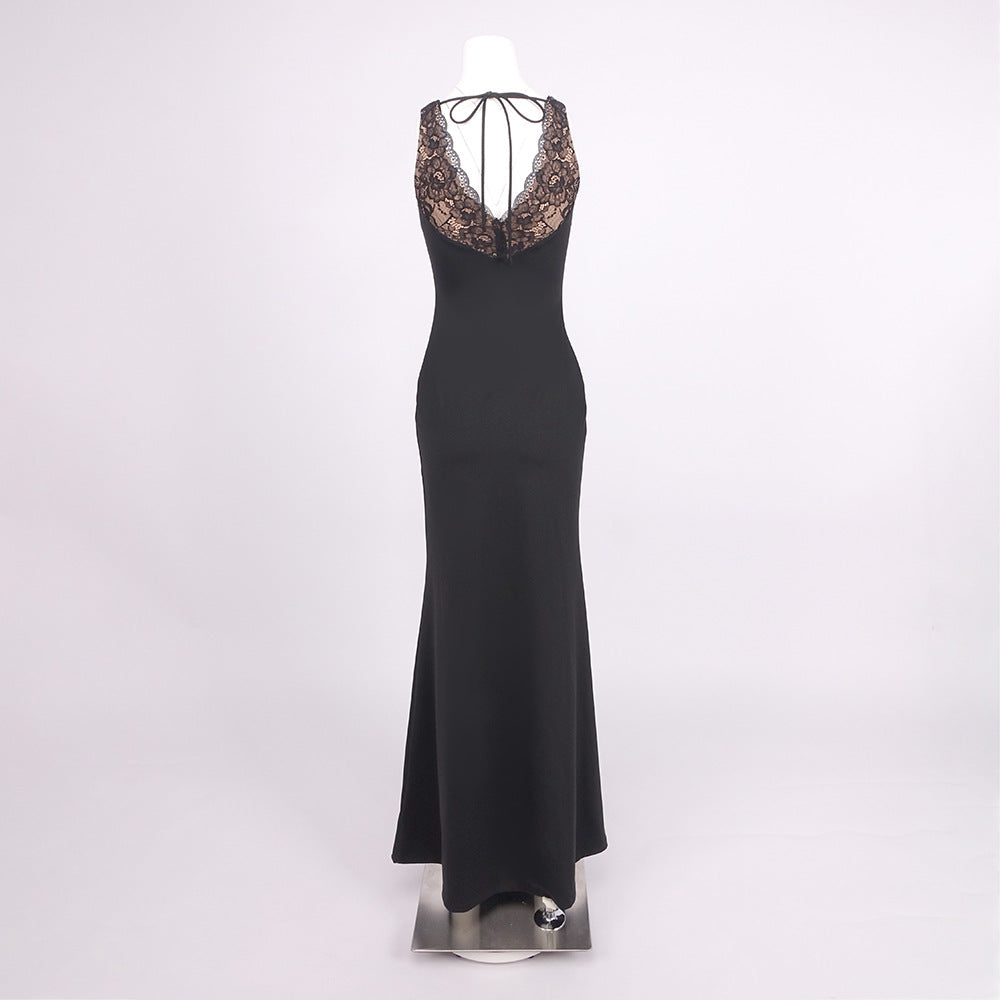 Black Lace V neck Suspender Fishtail Dress Slim Fit Draping Mop Long Evening Dress Women Clothing