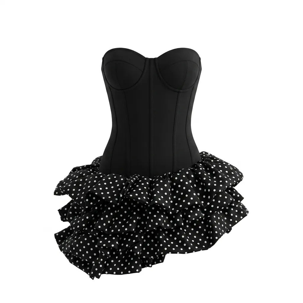 Summer Tube Top Boning Corset Polka Dot Short Dress Women Summer Slim Fit Waist Double Layer Pettiskirt Sweet Cool Birthday Photo