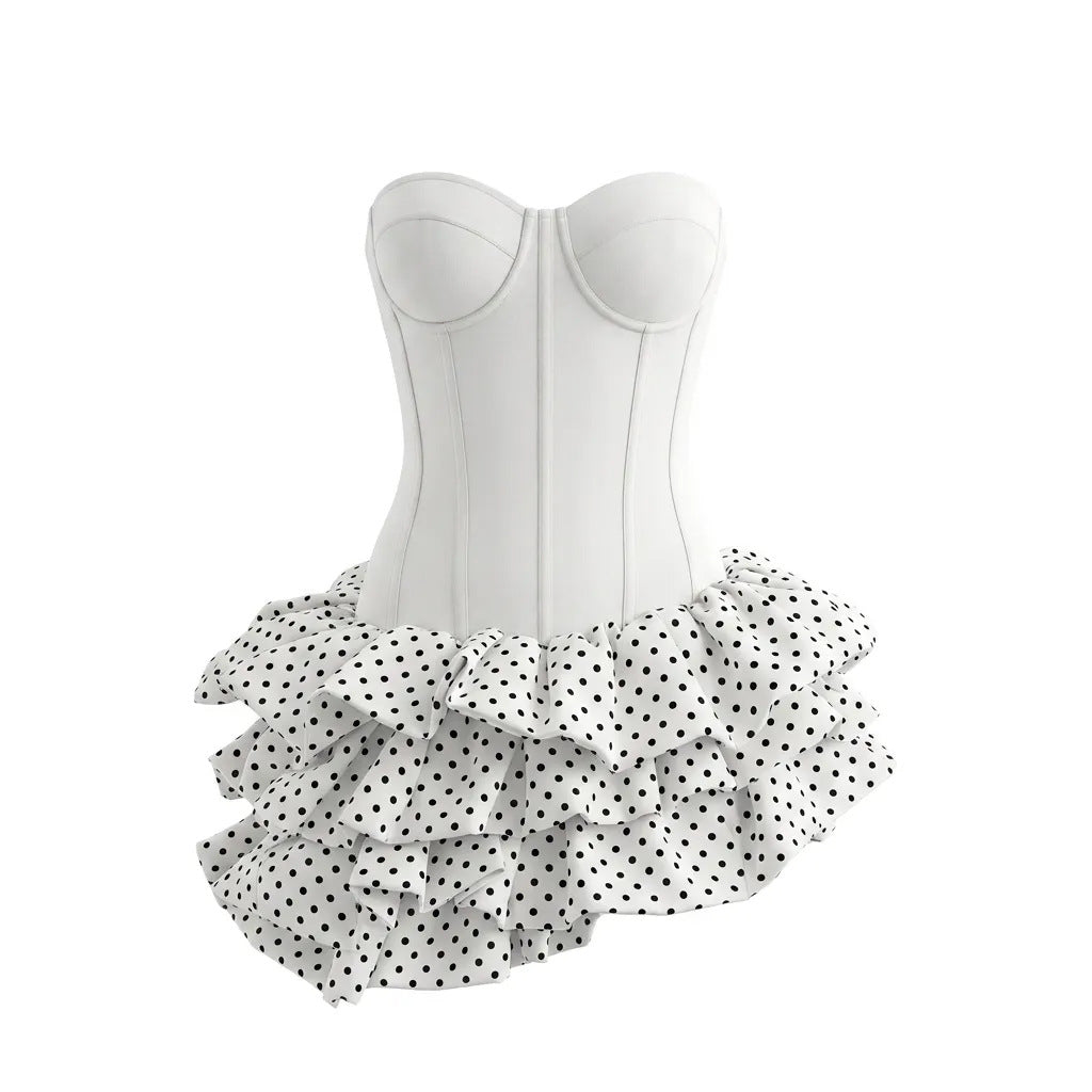 Summer Tube Top Boning Corset Polka Dot Short Dress Women Summer Slim Fit Waist Double Layer Pettiskirt Sweet Cool Birthday Photo