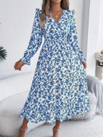 Ruffled Floral V-Neck Flounce Sleeve Dress