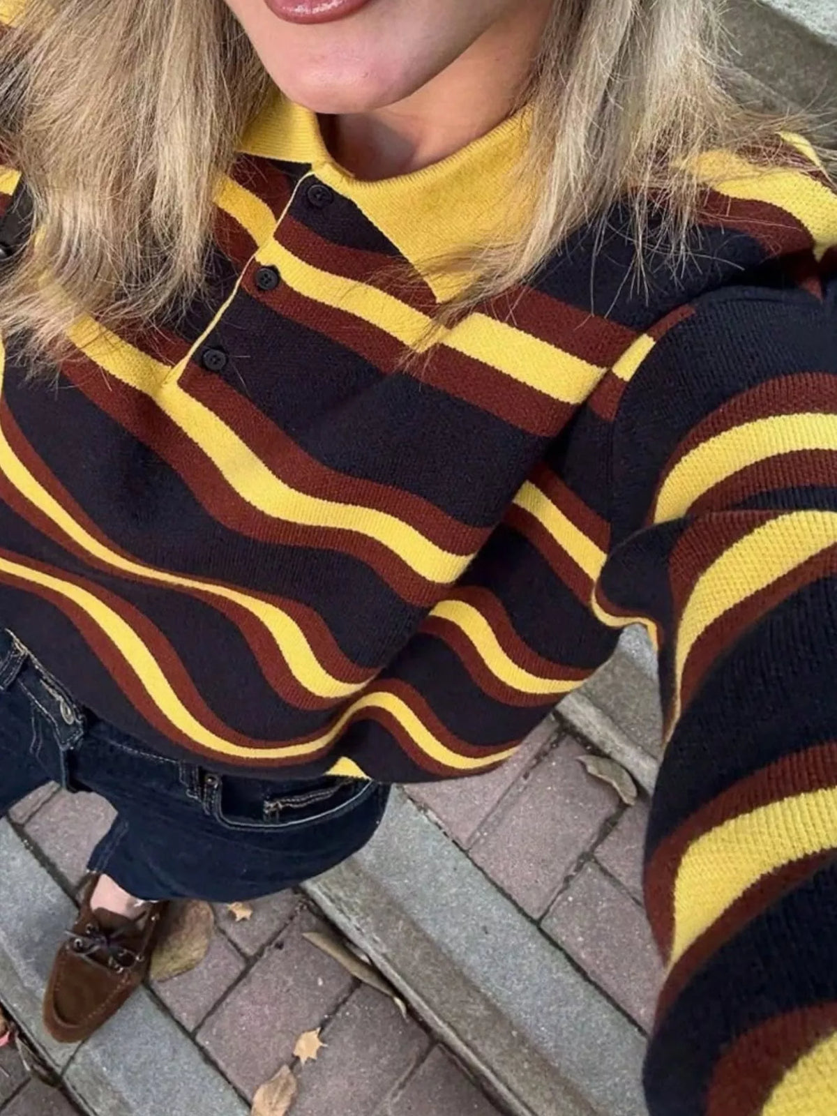 Striped Polo Collar Knit Sweater