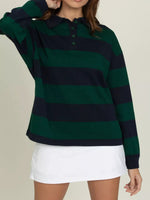 Striped Polo Collar Sweatshirt with Button Details