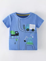 Children's Cartoon Construction Vehicle Print Short Sleeve T-Shirt