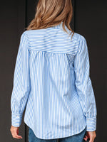 Stripe Shirred Detail Half Placket Collared Long Sleeve Shirt