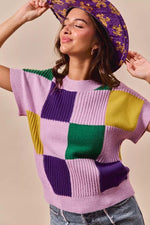 SO ME Mardi Gras Check Plaid Casual Sweater Top