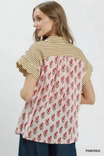 Umgee Block Print Button-Front Shirt with Contrast Stripe Point Collar