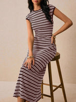 Striped Cap Sleeve Bodycon Midi Dress