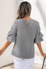 Gingham Bow Half Sleeve Blouse
