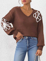 Flower V-Neck Long Sleeve Sweater