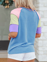 Twisted Rib Color Block Patchwork Short Sleeve Henley Top