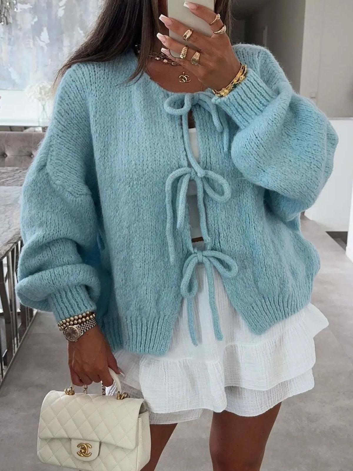 Cozy Bow-Tie Front Knit Cardigan