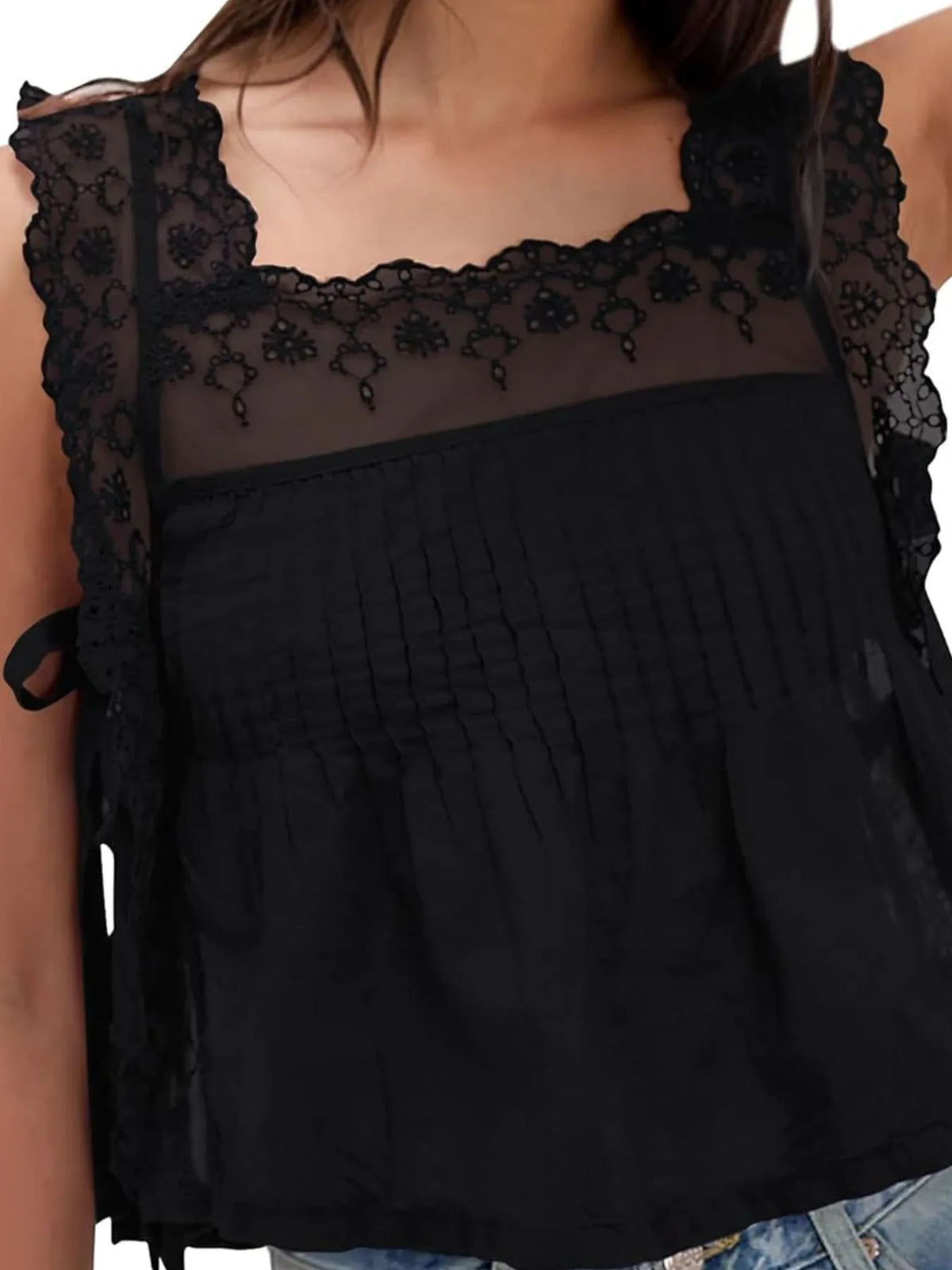 Lace-Trimmed Eyelet Square Neck Top