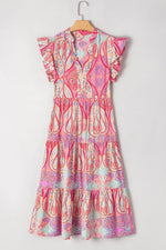 Tribal Paisley Print Ruffled Sleeve Notch Neck Midi Dress