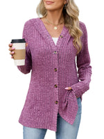 Ribbed Knit Hooded Button-Down Cardigan