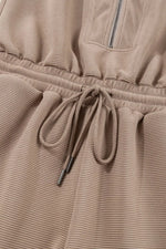 Textured Short Sleeve Half Zip Drawstring Waist Romper