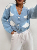 Contrast Cloud Pattern Cropped Button-Up Cardigan