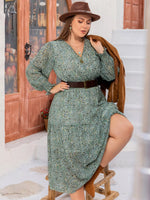 Plus Size Printed V-Neck Long Sleeve Midi Dress