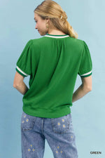 Umgee Puff Sleeve Knit Top with Contrast Rib Trim