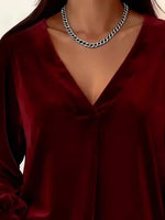 Full Size Velvet V-Neck Balloon Sleeve Blouse Plus Size