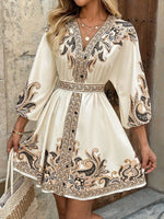 Printed V-Neck Balloon Sleeve Mini Dress