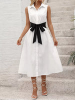 Contrast Bow Sleeveless Shirt Dress