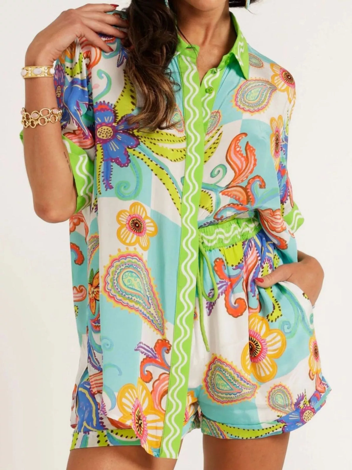 Printed Button-Down Shirt and Shorts Set