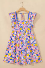 Floral Print Flutter Sleeve Striped Trim Square Neck Loose Mini Dress