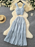 Textured Crop Top and Tiered Skirt Set