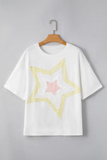 Star Layered Patched Graphic Drop Shoulder Half Sleeve Loose Tee