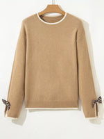 Leopard Bow Decor Split Cuff Contrast Trim Sweater