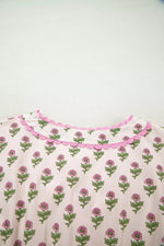 Floral Print V Neck Scallop Trim Button Front Short Sleeve Dress
