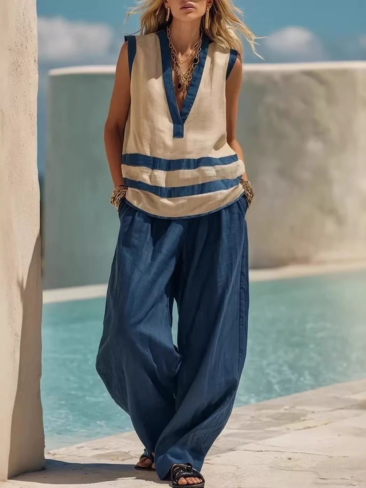Striped Sleeveless Top and Wide-Leg Pants Set