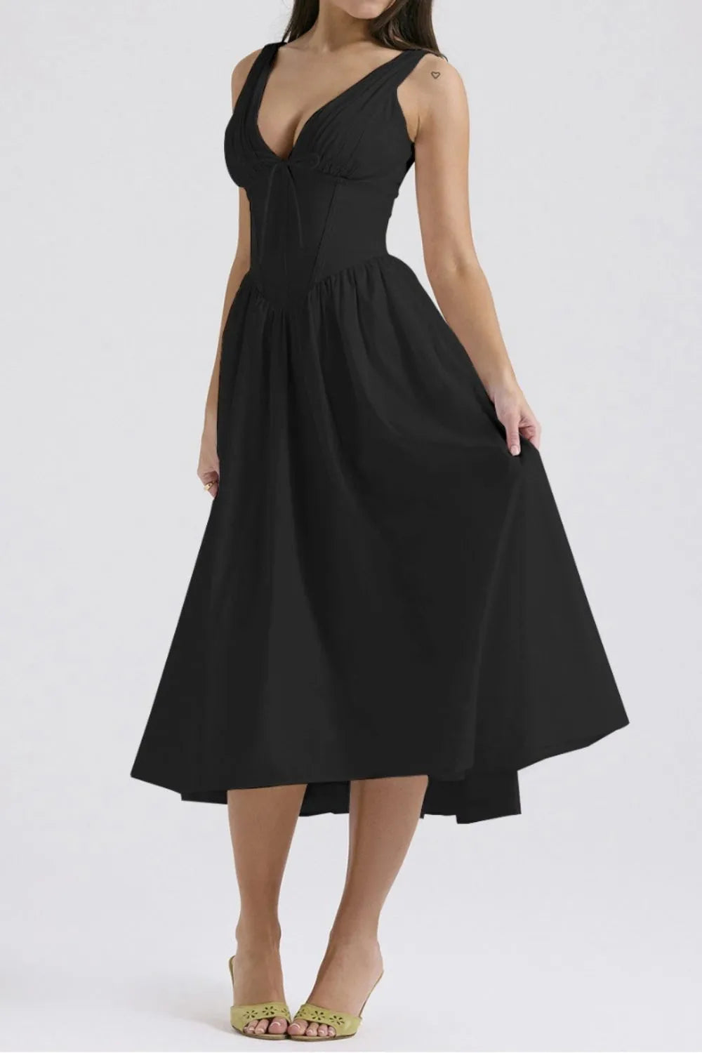 Ruched V-Neck Sleeveless Dress with Pockets