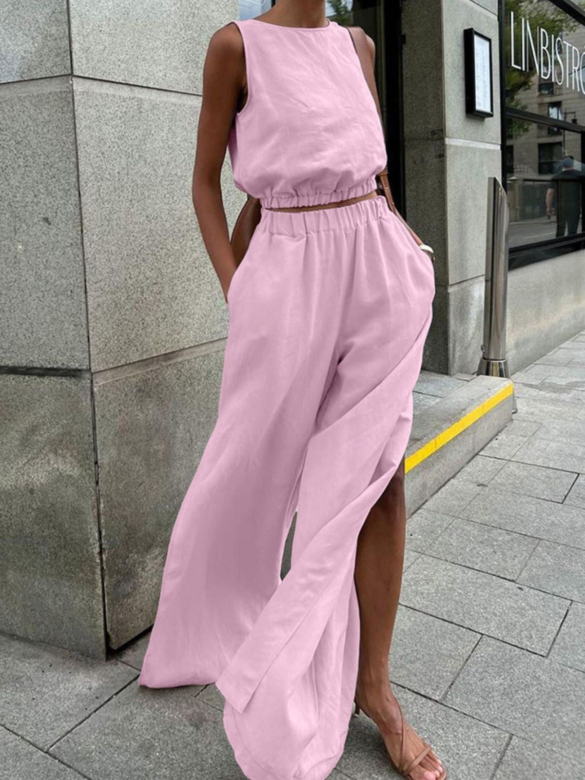 Sleeveless Crop Top and Slit Pants Set