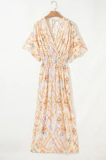 Printed Half Sleeve Shirred High Waist Maxi Dress