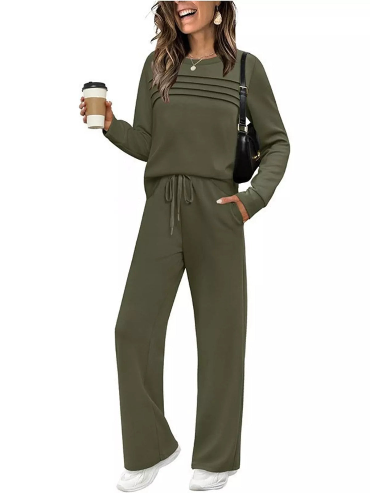 Full Size Long Sleeve Round Neck Top and Pants Set Plus Size
